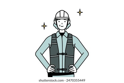 Senior female engineer in helmet and work wear with her hands on her hips, Vector Illustration