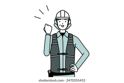 Senior female engineer in helmet and work wear posing with guts, Vector Illustration