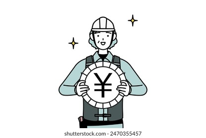 Senior female engineer in helmet and work wear an image of foreign exchange gains and yen appreciation, Vector Illustration