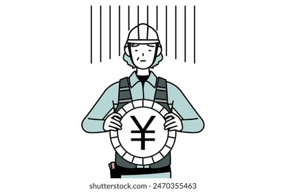 Senior female engineer in helmet and work wear an image of exchange loss or yen depreciation, Vector Illustration