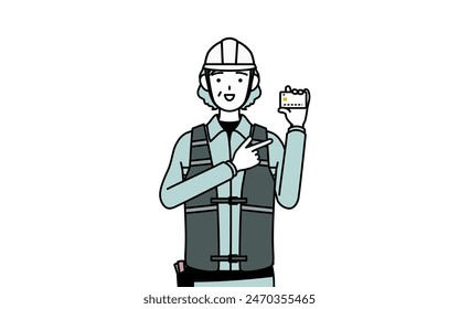 Senior female engineer in helmet and work wear recommending credit card payment, Vector Illustration