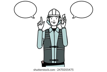 Senior female engineer in helmet and work wear pointing while on the phone, Vector Illustration