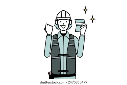 Senior Ingenieurin in Helm und Arbeitskleidung, die sich freut, ein Bankbuch zu sehen, Vektorillustration