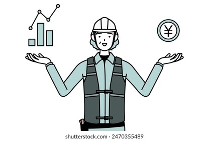 Ingeniera senior femenina en casco y desgaste de trabajo guiando una Imagen de DX, mejora de rendimiento y ventas, Ilustración vectorial