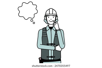Senior female engineer in helmet and work wear thinking while scratching her face, Vector Illustration