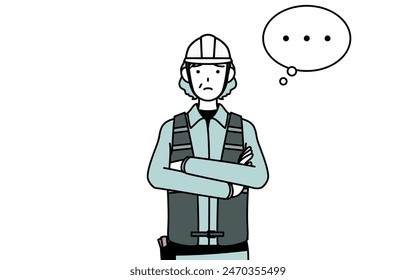 Senior female engineer in helmet and work wear with crossed arms, deep in thought, Vector Illustration