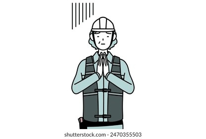 Senior female engineer in helmet and work wear apologizing with her hands in front of her body, Vector Illustration