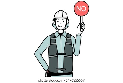 Senior female engineer in helmet and work wear holding a placard with an X indicating incorrect answer, Vector Illustration