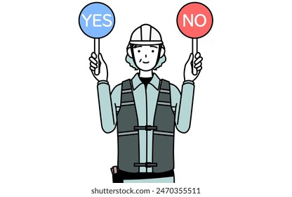 Senior female engineer in helmet and work wear holding a placard indicating correct and incorrect answers, Vector Illustration