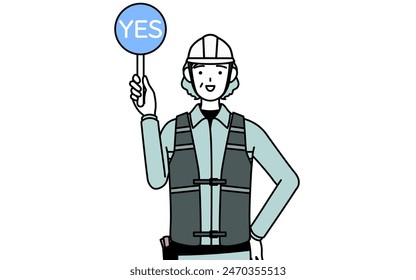 Senior female engineer in helmet and work wear holding a maru placard that shows the correct answer, Vector Illustration