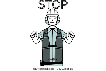 Senior female engineer in helmet and work wear with her hands out in front of her body, signaling a stop, Vector Illustration