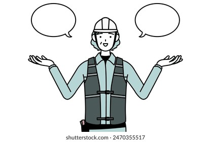 Senior female engineer in helmet and work wear with wipeout and comparison, Vector Illustration