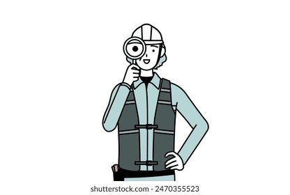 Senior female engineer in helmet and work wear looking through magnifying glasses, Vector Illustration
