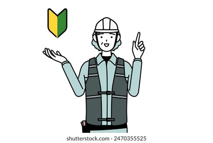 Senior female engineer in helmet and work wear showing the symbol for young leaves, Vector Illustration