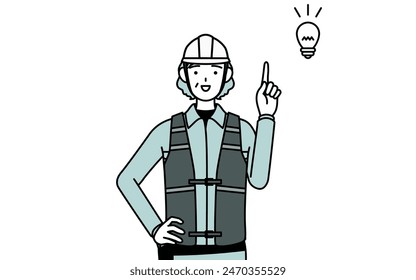 Senior female engineer in helmet and work wear coming up with an idea, Vector Illustration