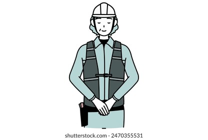 Ingeniera senior femenina en casco y trabajo de desgaste arqueando con las manos dobladas, Ilustración vectorial