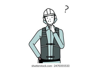 Senior female engineer in helmet and work wear nodding her head in question, Vector Illustration