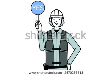 Senior female engineer in helmet and work wear holding a maru placard that shows the correct answer, Vector Illustration