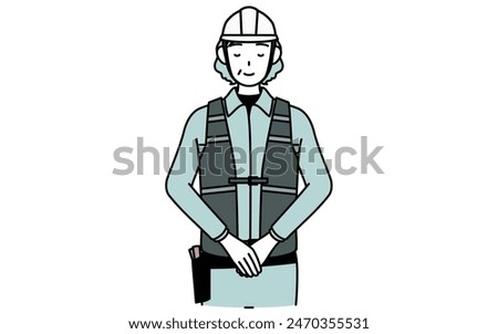Senior female engineer in helmet and work wear bowing with folded hands, Vector Illustration