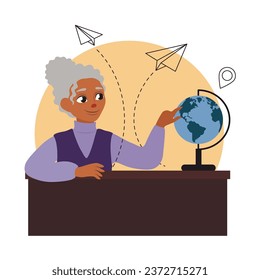 Senior female geography teacher at table on white background
