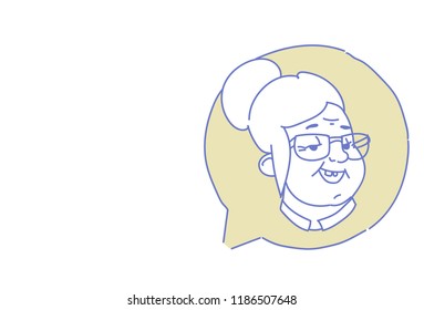 senior female head chat bubble profile icon elderly woman avatar support service call center concept sketch doodle character portrait horizontal vector illustration