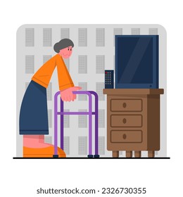Senior female hold on to handrails and go to TV. Happy old age. Rehabilitation for elderly people. Support and care for people concept. Flat vector illustration in cartoon style