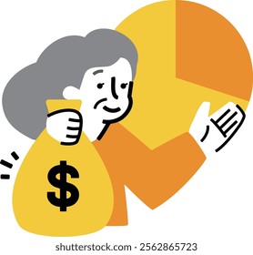 Senior female investor's use of NISA: Illustration of stocks and investment trusts with dollars and pie charts_Woman holding a bag of money