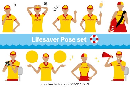 Senior Female lifesaver pose set, questioning, worrying, encouraging, pointing, etc.