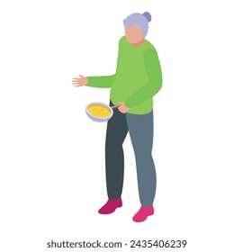 Senior female make soup icon isometric vector. Home cooking. Age social time