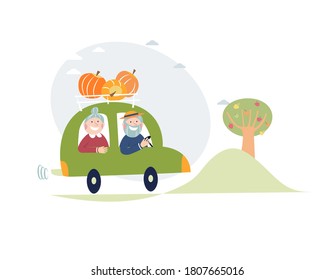 Senior female and male characters going by car loaded with pumpkins. Harvest season, harvest festival. Vector illustration in flat style. Hand drawing. Template design for poster, card, web, etc. 