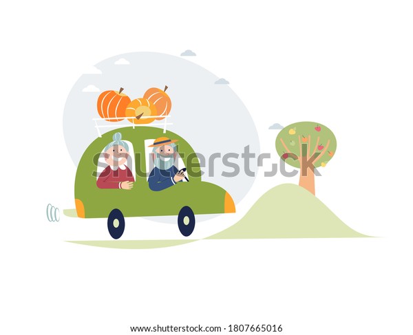 Senior female and male characters going by car loaded\
with pumpkins. Harvest season, harvest festival. Vector\
illustration in flat style. Hand drawing. Template design for\
poster, card, web, etc.\
