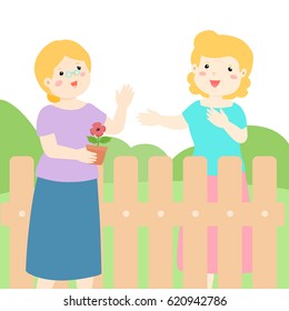 Senior female neighbor friendly greeting vector illustration