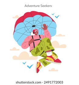 Senior female parachutist illustration. An older woman enjoys skydiving, showcasing vitality and joy. Age positivity and active lifestyle. Vector illustration.