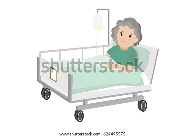 病院のベッドで休んでいる老女患者 病院のベッドに横たわる悲しい老婆 分離型ベクターイラスト のベクター画像素材 ロイヤリティフリー