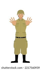 Senior Female Soldier Pose, Stop!　Thrust your hands out in front of you.