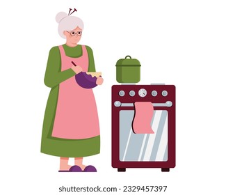 Senior female standing near oven and cooking food. Grandmother doing household duties. Concept of housekeeping and retirement. Happy old age. Vector flat illustration in pink and green colors