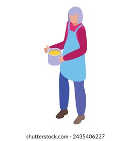 Senior female take saucepan icon isometric vector. Woman age mobile. Kitchen person