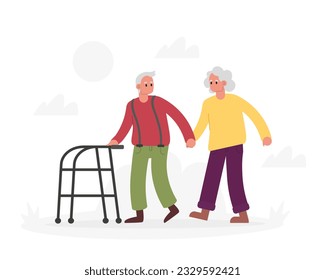 Senior female walking with husband outside. Positive seniors spending time together outdoors. Happy old age. Rehabilitation for elderly people. Colorful vector flat illustration