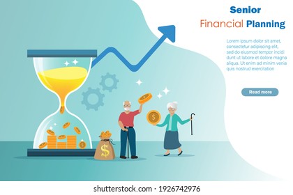 Senior financial planning. Elderly couple happy with gold coins, income investment from hourglass.