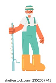 Senior fisher holding fishing rod flat concept vector spot illustration. Hobby activity 2D cartoon character on white for web UI design. Isolated editable creative hero image