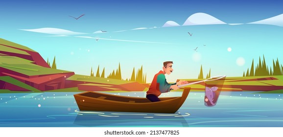 Senior fisherman in boat catching fish in net on lake or pond at summer time. Mature male character with haul in skip, recreational hobby, summertime activity, leisure, Cartoon vector illustration