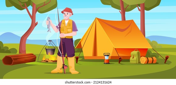 Senior fisherman holding fish and rod in summer camp, old man relax in forest with tent and campfire. Tourist summertime hobby, mature male character activity, leisure, cartoon Vector illustration