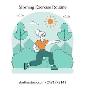 Senior fitness concept. An active elderly woman performs morning exercises in a park setting. Healthy lifestyle choices for aging population. Vector illustration.