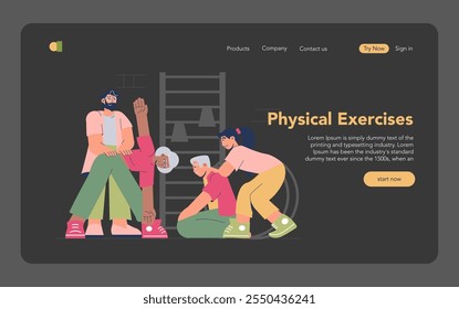 Senior fitness concept. Elderly characters engaging in light physical activity with the help of a caregiver. Promoting active aging and care. Vector illustration.