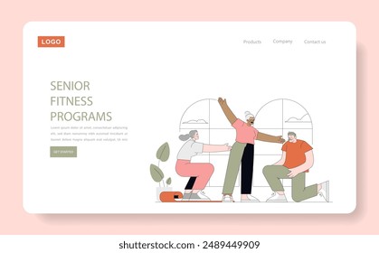 Senior Fitness Programs concept. Elderly engaging in exercise activities for health and camaraderie. Active lifestyle, wellness promotion, community interaction. Vector illustration.