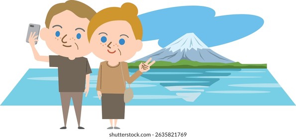 Um casal estrangeiro está tirando uma selfie com o Monte Fuji ao fundo