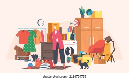 Senior Forgetful Woman Stand at Messy Room with Scatter Household Things. Elderly Female Character at Flea Market, Grandmother with Alzheimer Disease, Lost Memory. Cartoon People Vector Illustration