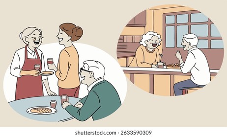 Senior friends doing fun local activities, like going to restaurants, pubs, or taking classes