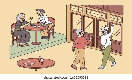 Senior friends doing fun local activities, like going to restaurants, pubs, or taking classes