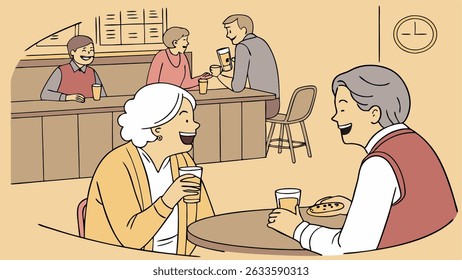 Senior friends doing fun local activities, like going to restaurants, pubs, or taking classes